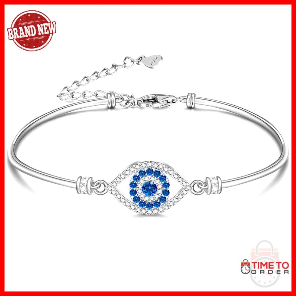 Sterling Silver Evil Eye Bangle Bracelet Protection Amulet Minimal Chic